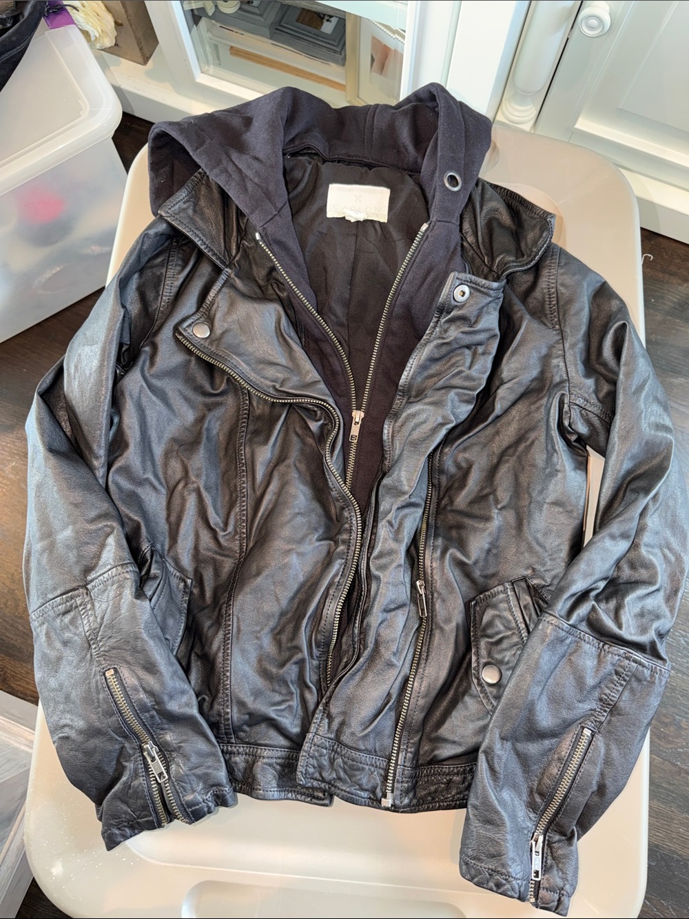 Caslon Black Faux Leather Hooded Moto Jacket